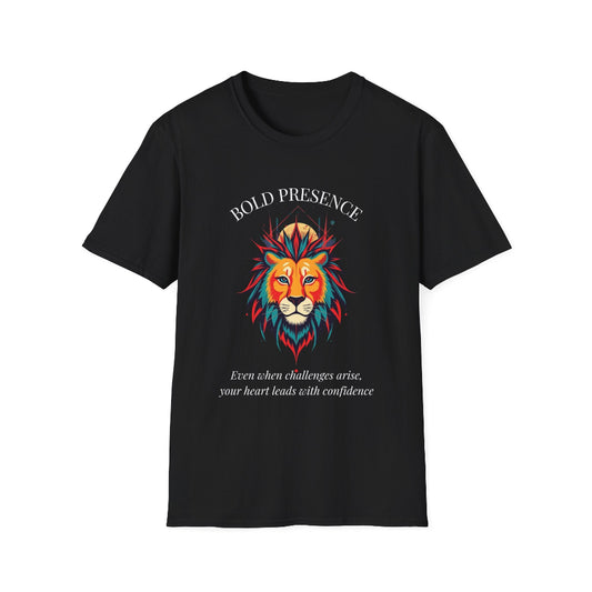 Black unisex cotton t-shirt featuring bold "Bold Presence" graphic: vibrant abstract lion head portrait with intense expression, colorful geometric accents, and dynamic paint splatters in red, orange, teal, blue, and gold tones bursting outward around an orange moon background. Arched white text "BOLD PRESENCE" above and smaller inspirational quote "Even when challenges arise, your heart leads with confidence" below. Motivational spiritual empowerment crewneck tee.