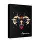 Black canvas wall art print of colorful abstract Capricorn goat head with large curved horns, intense eyes, geometric patterns, and cosmic splatters on dark background, featuring "Capricorn" in elegant white cursive.