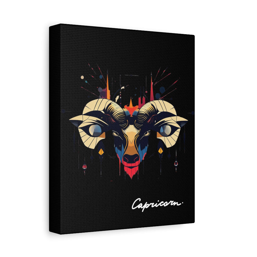 Black canvas wall art print of colorful abstract Capricorn goat head with large curved horns, intense eyes, geometric patterns, and cosmic splatters on dark background, featuring "Capricorn" in elegant white cursive.
