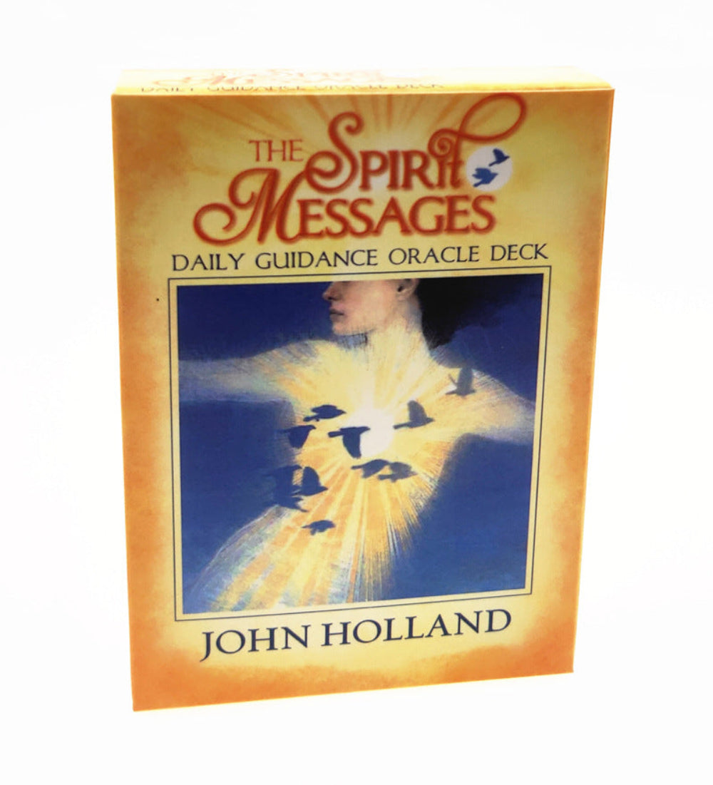 The Spirit Messages Daily Guidance Oracle Deck box by John Holland. Cover features a glowing figure with birds flying from the heart against a golden background. Spiritual daily guidance oracle cards.