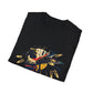 Black folded unisex cotton t-shirt featuring bold Virgo zodiac graphic print: vibrant abstract woman holding wheat sheaf, serene expression, flowing hair with headscarf, detailed feathers, geometric accents, and dynamic multicolored paint splatters in gold, red, navy, teal, and black tones bursting outward. Elegant white cursive "Virgo" text below. Astrology zodiac motivational crewneck tee.