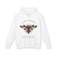 White hoodie laid flat, featuring a vibrant colorful bee graphic with the text "SACRED ALIGNMENT" arched above and the quote "Even when progress is quiet, the harvest is still forming" below. Motivational streetwear apparel.