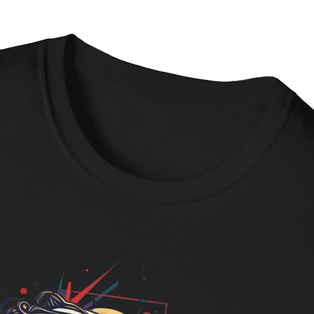 Close-up view of black unisex cotton crewneck t-shirt collar: soft ribbed neckline with clean stitching and comfortable fit. Premium quality durable crew neck construction detail on black graphic tee.