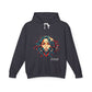 Black hoodie with a colorful graphic design and 'Feral' text on a white background