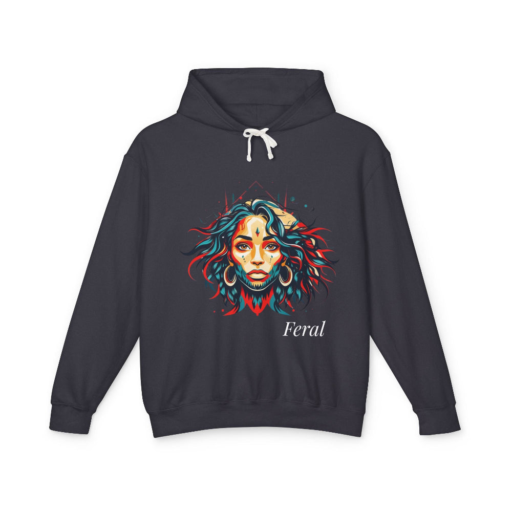 Black hoodie with a colorful graphic design and 'Feral' text on a white background