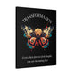 Black canvas wall art print featuring a colorful abstract butterfly with detailed wings, geometric accents, and cosmic splatters on dark background. Arched white text "TRANSFORMATION" above and quote "Even when process feels fragile, you are becoming free" below. 