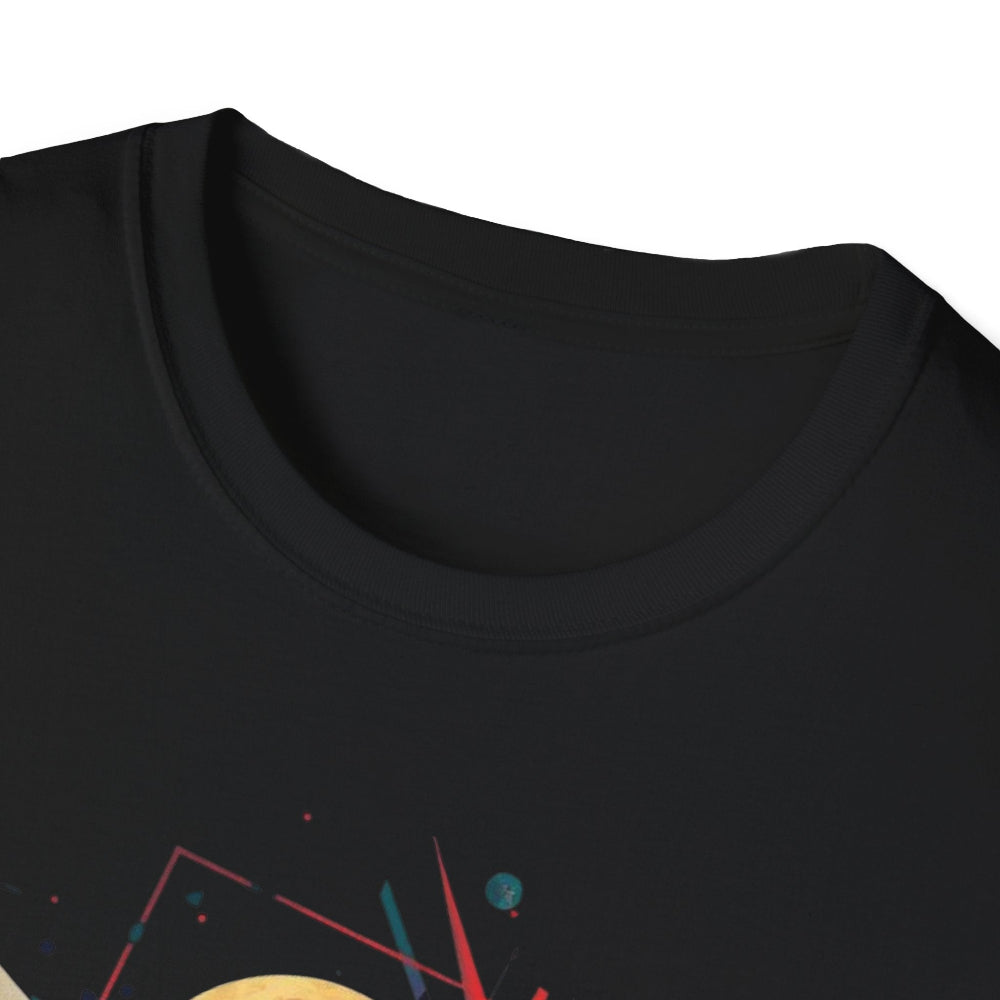 Close-up view of black unisex cotton crewneck t-shirt collar: soft ribbed neckline with clean stitching and comfortable fit. Premium quality durable crew neck construction detail on black graphic tee.