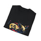 Black folded unisex cotton t-shirt featuring bold Year of the Pig zodiac graphic print: vibrant abstract pig portrait with detailed snout and ears, playful fierce expression, geometric accents, and dynamic multicolored paint splatters in gold, red, black, blue, teal, and orange tones exploding outward. Chinese text "猪年" (Year of the Pig) printed below in white. Chinese New Year zodiac motivational crewneck tee.
