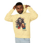 Man wearing a beige hoodie with a graphic design of a woman's face and the word 'Feral'.