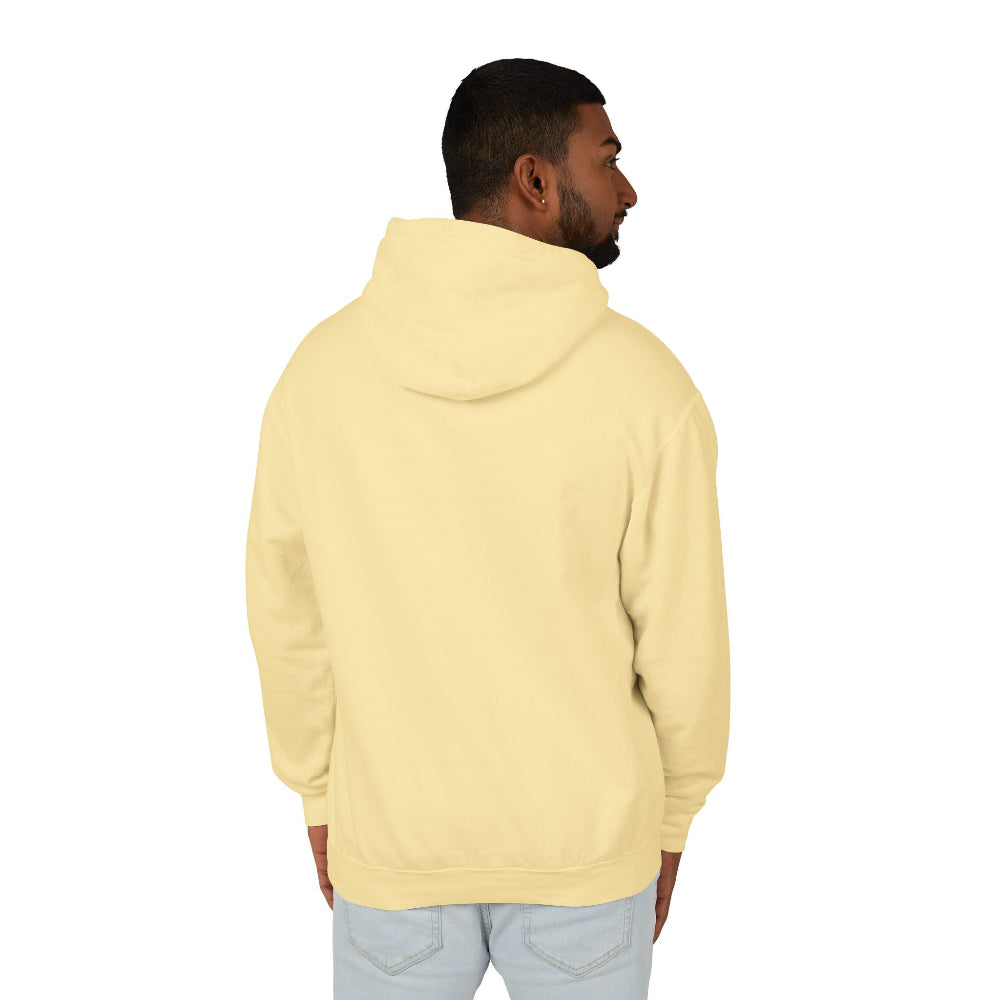 Back view of a man wearing yellow hoodie, plain solid fabric with no print or design, hood up