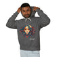 Young man with short hair pulling up the hood of a dark gray hoodie featuring vibrant artistic portrait of a fierce woman with curly multicolored flowing hair, teal red blue orange face accents, large hoop earrings, third-eye symbol, "Feral" text below