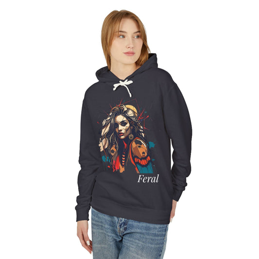 Woman in charcoal feral hoodie, colorful wild woman with wolf graphic and "Feral" text
