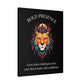 Black canvas wall art print of colorful abstract lion head with intense expression, flowing mane, geometric accents, and cosmic splatters on dark background. Arched white text "BOLD PRESENCE" above and quote "Even when challenges arise, your heart leads with confidence" below. 