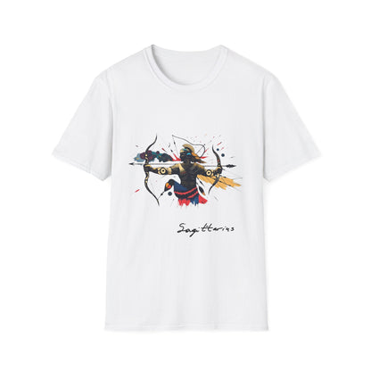 White unisex cotton t-shirt featuring bold Sagittarius zodiac graphic: vibrant abstract archer silhouette drawing bow, dynamic warrior pose with flowing cape, intricate armor details, and explosive multicolored paint splatters in gold, red, navy, teal, and black tones bursting outward. Elegant black cursive "Sagittarius" text below. Astrology zodiac motivational crewneck tee.