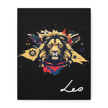 Close-up of Leo zodiac canvas art featuring a bold golden lion illustration with colorful cosmic splashes on black background and stylized Leo text