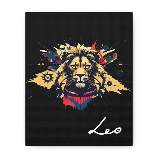 Close-up of Leo zodiac canvas art featuring a bold golden lion illustration with colorful cosmic splashes on black background and stylized Leo text