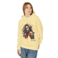 Woman in pale yellow feral hoodie, colorful wild woman with wolf graphic and "Feral" text