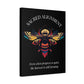 Black canvas wall art print of colorful abstract sacred bee with detailed wings, geometric accents, and cosmic splatters on dark background. Arched white text "SACRED ALIGNMENT" above and quote "Even when progress is quiet, the harvest is still forming" below. 