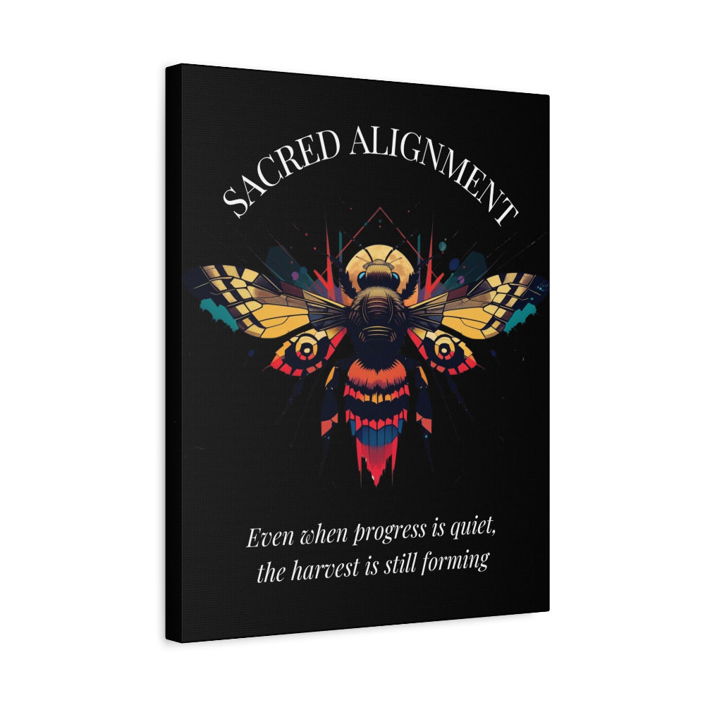 Black canvas wall art print of colorful abstract sacred bee with detailed wings, geometric accents, and cosmic splatters on dark background. Arched white text "SACRED ALIGNMENT" above and quote "Even when progress is quiet, the harvest is still forming" below. 
