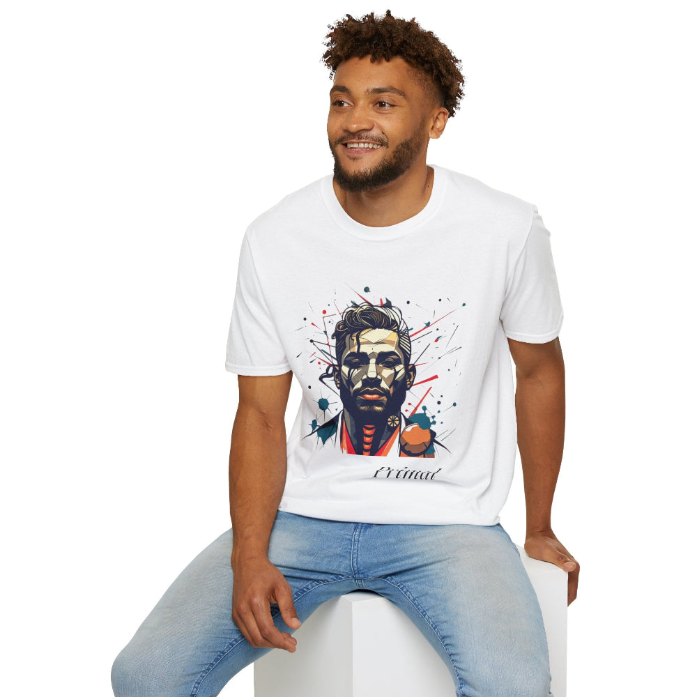 White unisex cotton t-shirt modeled by smiling man, featuring bold "Primal" graphic: stylized portrait of smiling man with curly hair and beard, intense gaze, and vibrant red, orange, yellow, blue paint splatters exploding outward. Black cursive "Primal" text below. Primal energy motivational crewneck tee.