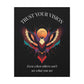 Close up of black canvas wall art print featuring colorful abstract phoenix with spread wings and intense expression on dark background, arched white text "TRUST YOUR VISION" above and quote "Even when others can't see what you see" below.