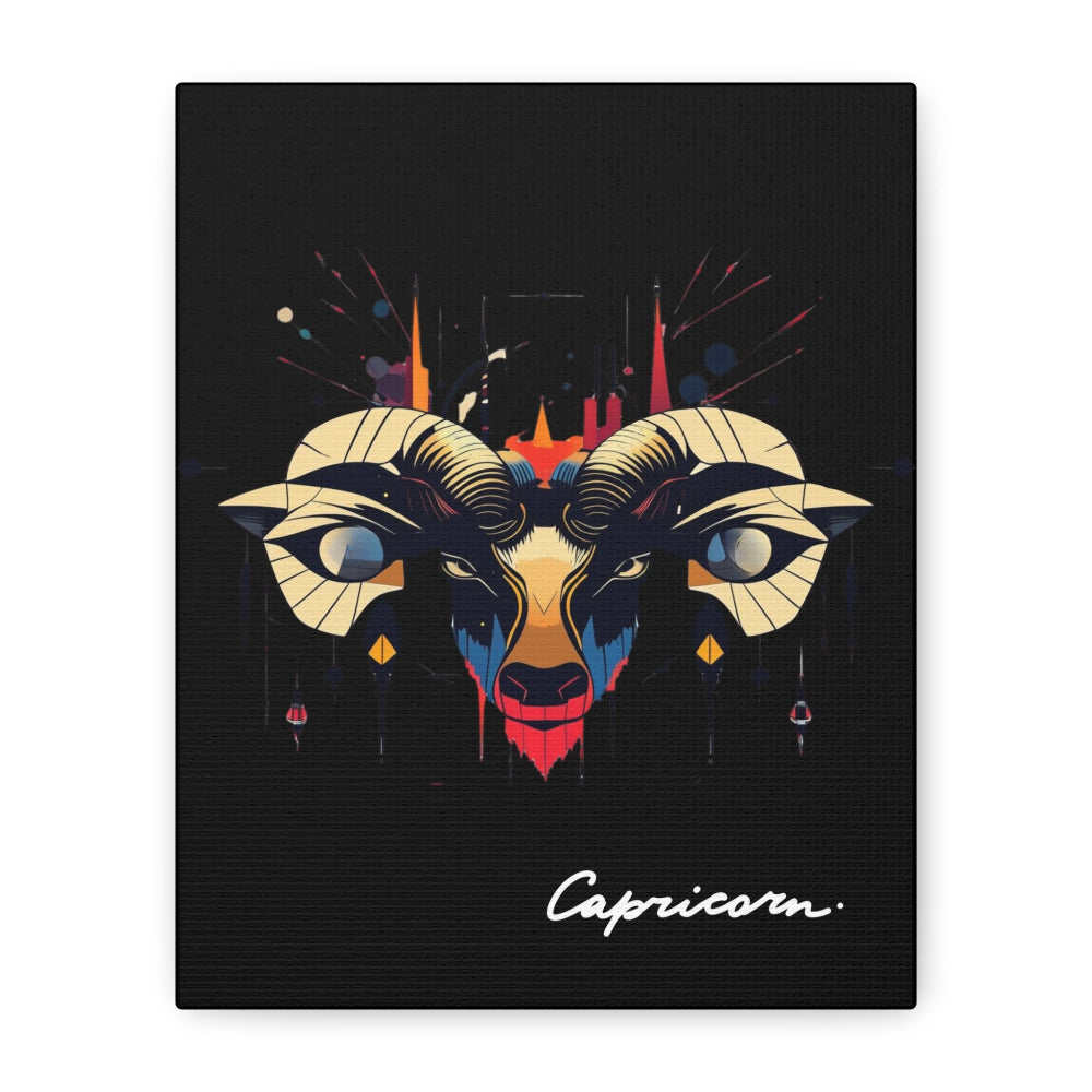 Close up of black canvas wall art print of colorful abstract Capricorn goat head with large curved horns, intense eyes, geometric patterns, and cosmic splatters on dark background, featuring "Capricorn" in elegant white cursive.