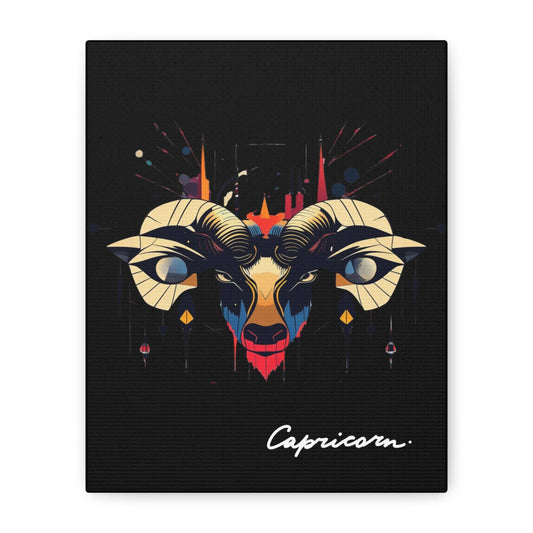 Close up of black canvas wall art print of colorful abstract Capricorn goat head with large curved horns, intense eyes, geometric patterns, and cosmic splatters on dark background, featuring "Capricorn" in elegant white cursive.