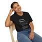 Black unisex cotton t-shirt modeled by smiling woman with braided hair, hand on cheek: bold Life Path Number 8 numerology print in dictionary style – vibration of power, success, material mastery, boss energy, empire building, authority, abundance & leadership. Motivational spiritual numerology crewneck tee.