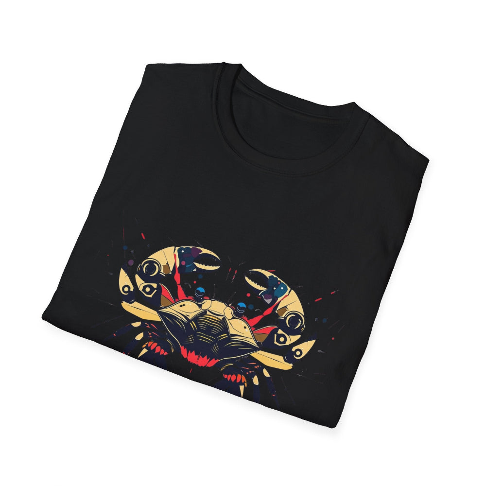 Black folded unisex cotton t-shirt featuring bold Cancer zodiac graphic print: vibrant abstract crab portrait with large claws, intense eyes, geometric shell patterns, and dynamic multicolored paint splatters in gold, red, navy, teal, and black tones exploding outward. Elegant black cursive "Cancer" text below. Astrology zodiac motivational crewneck tee.