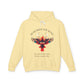 Yellow hoodie with 'Remember The Bond' inspirational bird graphic and quote 'Even when forms change, The love remains alive' printed on the chest.
