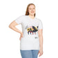 White unisex cotton t-shirt modeled by smiling plus-size female with long blonde hair, hand on hip, featuring bold Year of the Pig zodiac graphic: vibrant abstract pig portrait with detailed snout and ears, playful fierce expression, geometric accents, and dynamic multicolored paint splatters in gold, red, black, blue, teal, and orange tones exploding outward. Chinese text "猪年" (Year of the Pig) printed below in black. Chinese New Year zodiac motivational crewneck tee.