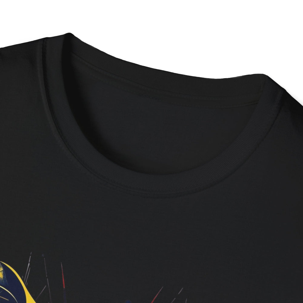 Close-up view of black unisex cotton crewneck t-shirt collar: soft ribbed neckline with clean stitching and comfortable fit. Premium quality durable crew neck construction detail on black graphic tee.