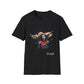 Black unisex cotton t-shirt featuring bold "Feral" graphic: vibrant abstract portrait of a fierce woman with wild flowing hair, intense expression, tribal markings, colorful geometric accents, and dynamic paint splatters in red, orange, teal, blue, and gold tones bursting outward around an orange moon background. White elegant cursive "Feral" text below. Wild feminine energy motivational crewneck tee.