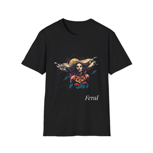 Black unisex cotton t-shirt featuring bold "Feral" graphic: vibrant abstract portrait of a fierce woman with wild flowing hair, intense expression, tribal markings, colorful geometric accents, and dynamic paint splatters in red, orange, teal, blue, and gold tones bursting outward around an orange moon background. White elegant cursive "Feral" text below. Wild feminine energy motivational crewneck tee.