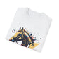 White folded unisex cotton t-shirt featuring bold horse head portrait graphic: vibrant abstract equine profile with detailed mane, intense eye, bridle and harness details, geometric accents, and dynamic multicolored paint splatters in gold, blue, red, black, and teal tones exploding outward. Motivational equestrian animal art crewneck tee.