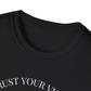 Close-up of black unisex cotton crewneck t-shirt collar: soft ribbed neckline, clean stitching, comfortable fit. Premium durable crew neck construction detail.