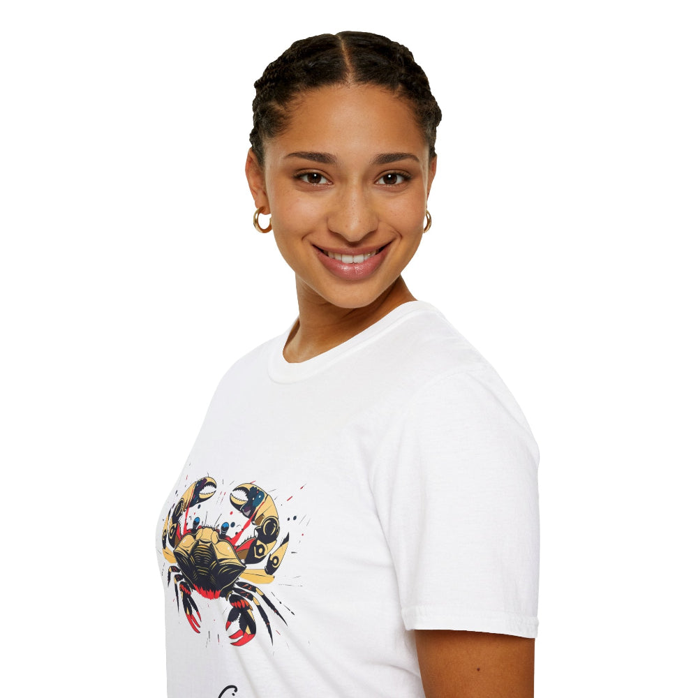 White unisex cotton t-shirt in side profile on smiling woman with braided hair, featuring bold Cancer zodiac graphic on chest: vibrant abstract crab portrait with large claws, intense eyes, symmetrical geometric shell patterns, and dynamic multicolored paint splatters in gold, red, navy, teal, and black tones exploding outward. Elegant black cursive "Cancer" text below. Astrology zodiac motivational crewneck tee.