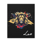 Close-up of Leo zodiac canvas art featuring a bold golden lion illustration with colorful cosmic splashes on black background and stylized Leo text