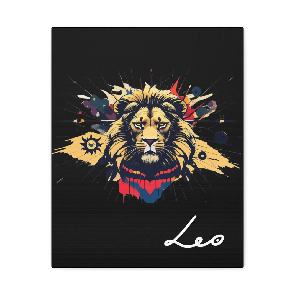Close-up of Leo zodiac canvas art featuring a bold golden lion illustration with colorful cosmic splashes on black background and stylized Leo text