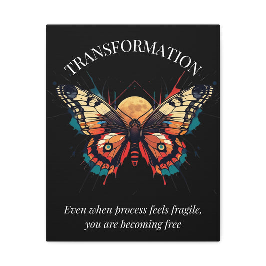 Close up of black canvas wall art print of colorful abstract butterfly with detailed wings, geometric accents, and cosmic splatters on dark background, arched text "TRANSFORMATION" above and quote "Even when process feels fragile, you are becoming free" below. 