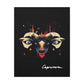 Close up of black canvas wall art print of colorful abstract Capricorn goat head with large curved horns, intense eyes, geometric patterns, and cosmic splatters on dark background, featuring "Capricorn" in elegant white cursive.