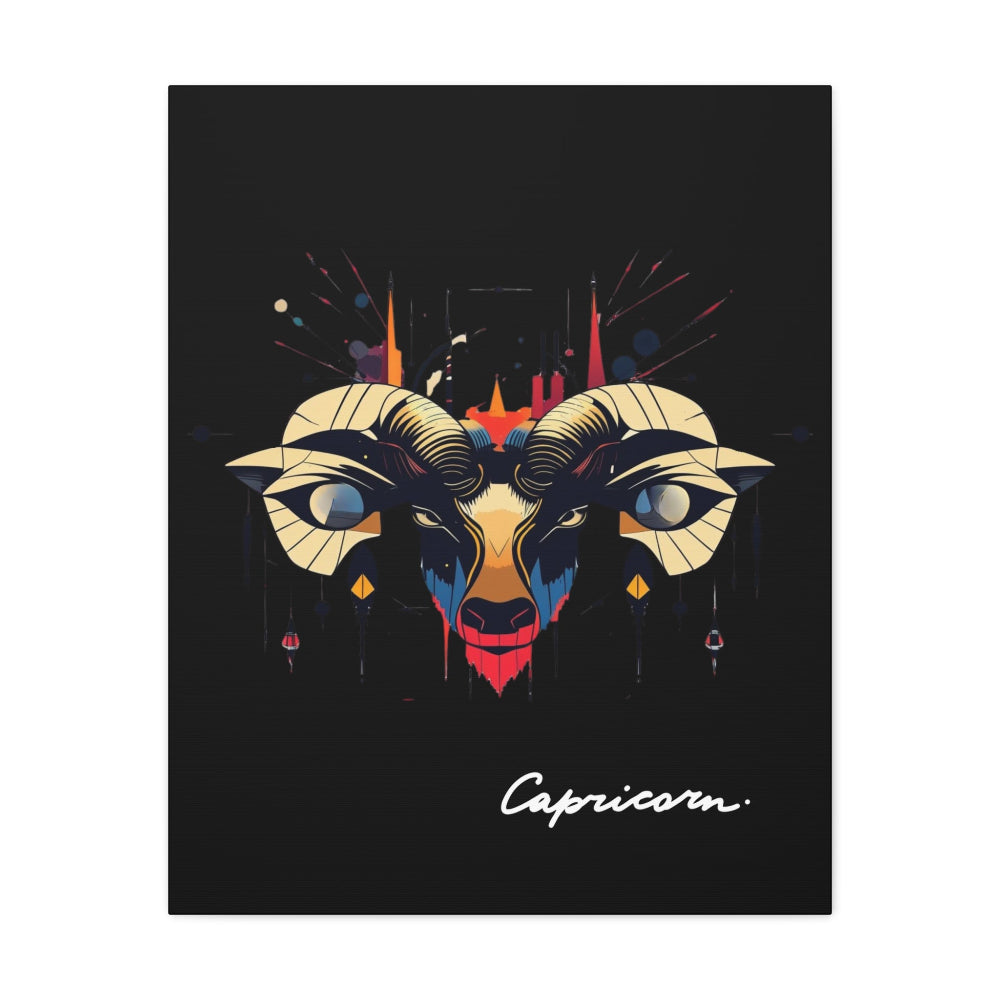 Close up of black canvas wall art print of colorful abstract Capricorn goat head with large curved horns, intense eyes, geometric patterns, and cosmic splatters on dark background, featuring "Capricorn" in elegant white cursive.