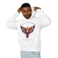 Young man modeling white hoodie with colorful abstract eagle/phoenix graphic, "TRUST YOUR VISION" arched above, and inspirational quote "Even when others can't see what you see" below, pulling up hood