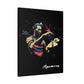 Black canvas wall art print of colorful abstract Aquarius water bearer pouring vessel with tribal face paint and cosmic splatters on dark background, featuring "Aquarius" in elegant white cursive.