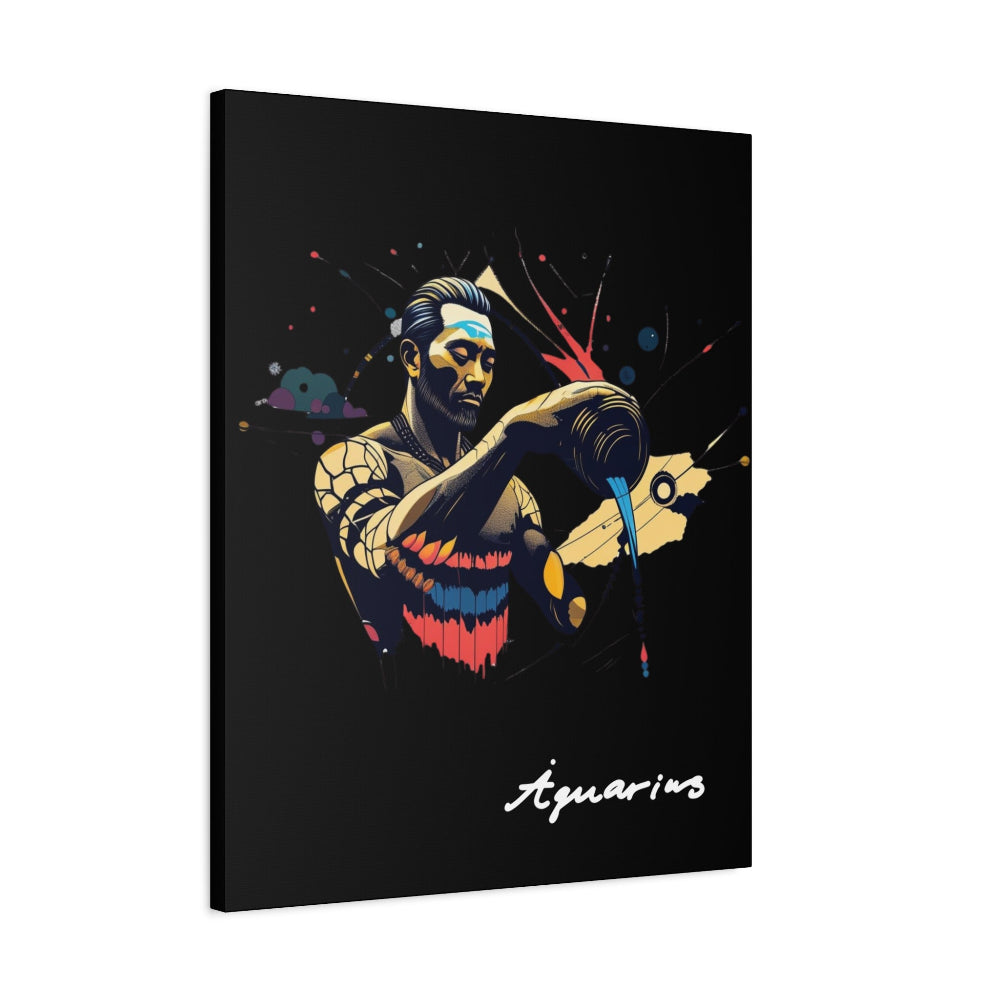 Black canvas wall art print of colorful abstract Aquarius water bearer pouring vessel with tribal face paint and cosmic splatters on dark background, featuring "Aquarius" in elegant white cursive.