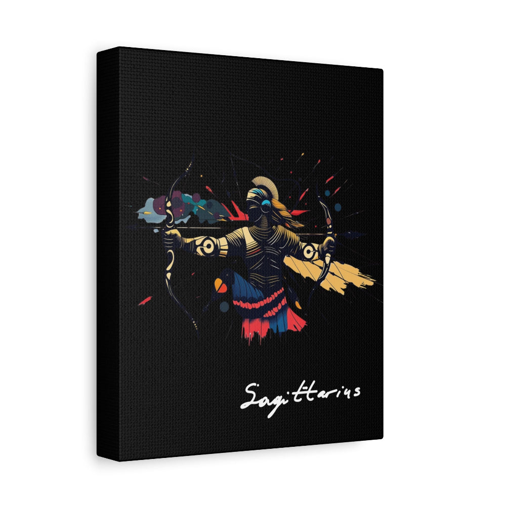 Canvas print of a colorful Sagittarius zodiac design on a black background