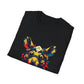 Black folded unisex cotton t-shirt featuring bold Year of the Rat graphic print: vibrant abstract rat face portrait with large expressive ears, intense glowing eyes, geometric patterns, and dynamic multicolored paint splatters in yellow, red, blue, teal, and orange tones exploding outward. Chinese text "鼠年" (Year of the Rat) printed below in white. Zodiac Chinese New Year motivational crewneck tee.