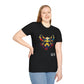 Black unisex cotton t-shirt modeled by smiling plus-size female with long brown hair, hands on hips, featuring bold Year of the Rat graphic: vibrant abstract rat face portrait with large ears, intense eyes, geometric patterns, and multicolored paint splatters in yellow, red, blue, teal, and orange tones. Chinese text "鼠年" (Year of the Rat) printed below in white. Zodiac Chinese New Year motivational crewneck tee.