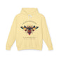 Yellow hoodie laid flat, featuring a vibrant colorful bee graphic with the text "SACRED ALIGNMENT" arched above and the quote "Even when progress is quiet, the harvest is still forming" below. Motivational streetwear apparel.