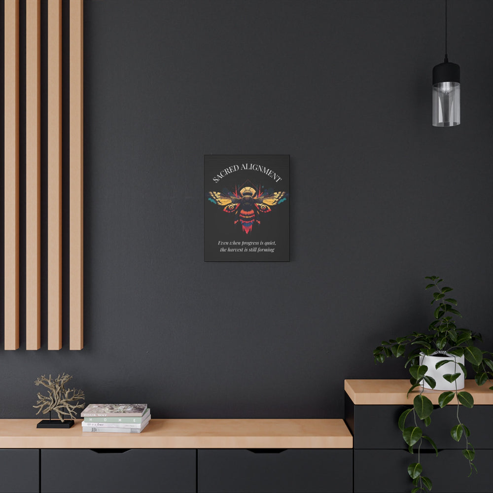 Black canvas wall art print of colorful abstract sacred bee with detailed wings, geometric accents, and cosmic splatters on dark background. Arched white text "SACRED ALIGNMENT" above and quote "Even when progress is quiet, the harvest is still forming" below. Modern motivational decor hung on dark wall above wooden console table with books and plant.